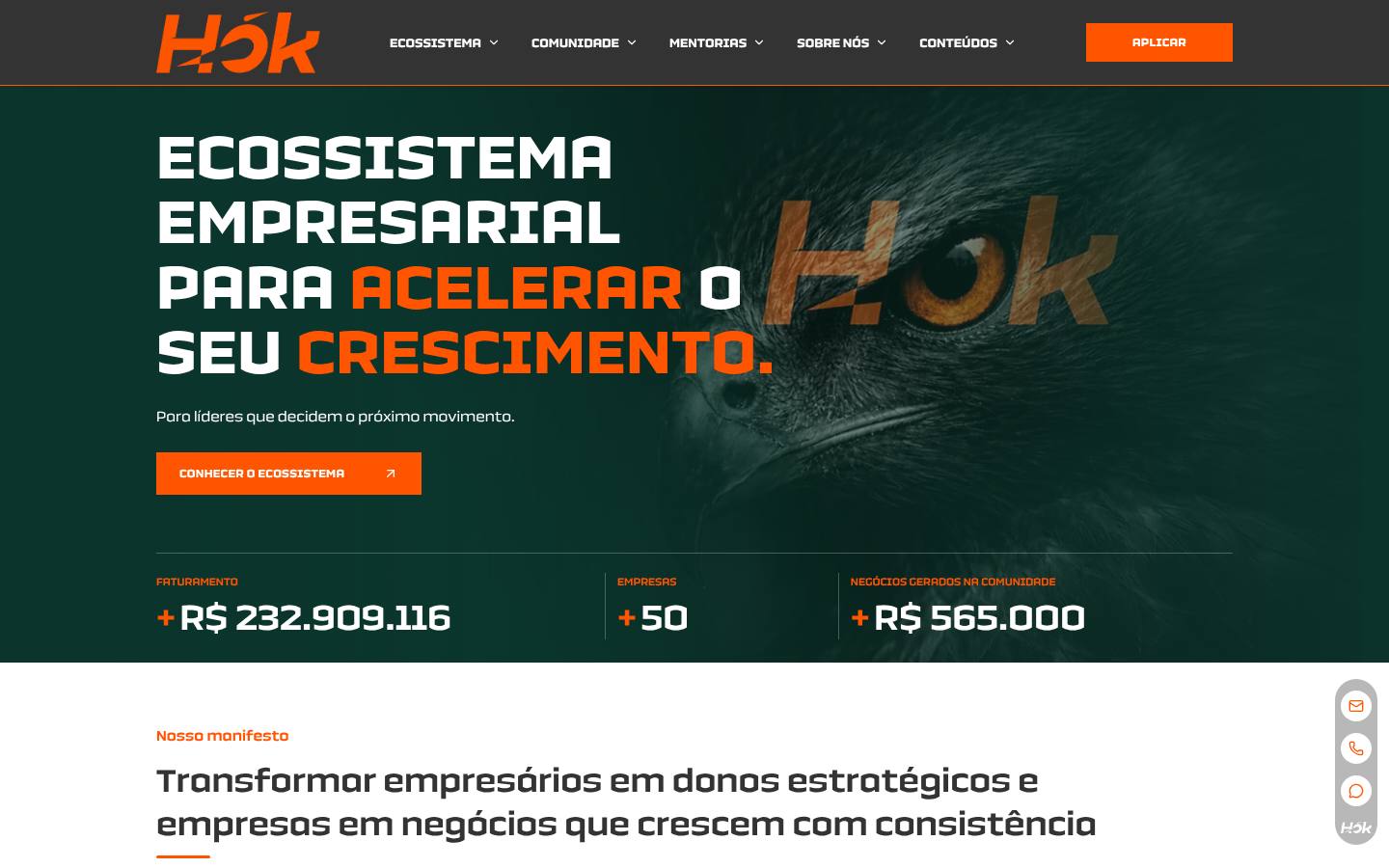Página inicial do site HOK, desenvolvido pela Volúpia
